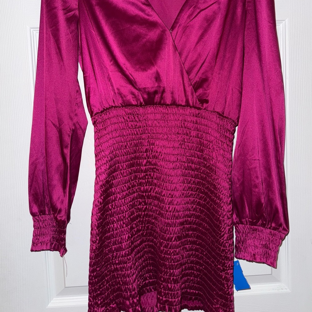 Blue Blush Pink Ruched Long Sleeve Cocktail Dress